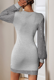 Light Gray Sequin Evening Party Gown O Neck Long Sleeve Wrapped Skirt Bodycon Glitter Prom Mini Dress