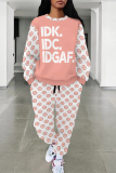 Rose Casual Butterfly Letters Geometric Print O Neck Long Sleeve Sweatshirt and Drawstring Sweatpants Two Pieces Sweatsuit Sets