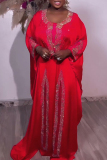 Yellow African Print Sequined O Neck Bat-wing Sleeve Floor Length Loose Long Kaftan Satin Maxi Dress