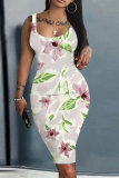 Blue Floral Print Sleeveless U Neck Knee Length Casual Outing Bodycon Vest Midi Dress