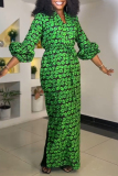 Green Leaf Print V Neck Lantern Sleeve Side Slit Casual Vacation Garden Party Maxi Dresses