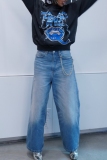 Blue High Waist Casual Outing Distressed Straight Leg Denim Jeans