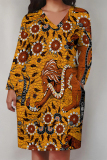 Yellowish Brown Animal Print Deep V Neck Long Sleeve Women's Casual Outing Straight Loose Fit Tunic Plus Size Midi Dress with Pocket