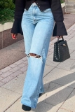 Blue High Waist Casual Straight Leg Distressed Ripped Denim Jeans