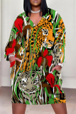 Yellowish Brown Animal Print Deep V Neck Long Sleeve Women's Casual Outing Straight Loose Fit Tunic Plus Size Midi Dress with Pocket