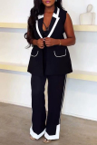 Black with White Patchwork Turndown Collar Sleeveless Blazer Vest and Wide Leg Pants Formal Office Two Pieces Suit Set
