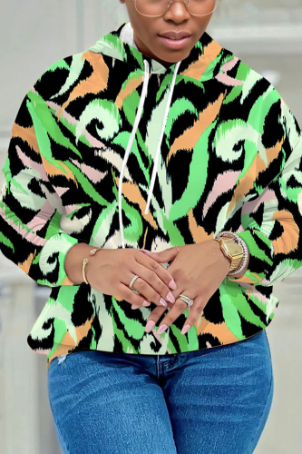 Green Casual Butterfly Flower Print Long Sleeve Fall Winter Hooded Sweatshirt