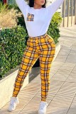 White O Neck Long Sleeve Sweatshirt And Plaid Skinny Pants Sportwear Casual Two Pieces Matching Sweatsuit Set