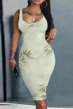 Orange Floral Print Sleeveless U Neck Knee Length Casual Outing Bodycon Vest Midi Dress