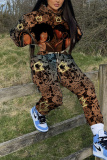 Brown Figure Print Hooded Long Sleeve Sweatshirt and Drawstring Sweatpants Two Pieces Sweatsuit Sets