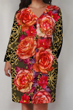 Green Flowers Faux Denim Print Deep V Neck Long Sleeve Women's Casual Outing Straight Loose Fit Tunic Plus Size Midi Dress with Pocket