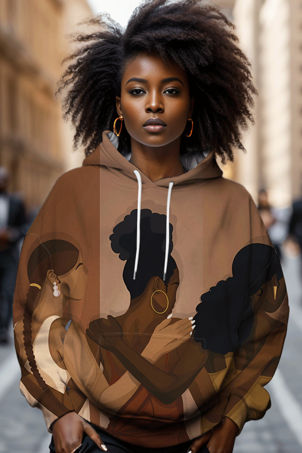 Brown Casual Figure Print Long Sleeve Fall Winter Hooded Sweatshirt
