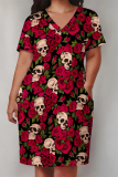White Stripe Flowers Landscape Print V Neck Short Sleeve Long Casual Outing Straight Loose Plus Size Midi Dress with Pocket