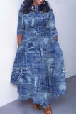 Blue Casual Faux Denim Print O Neck 3/4 Sleeve Belted Pockets Long Vacation Pleated Maxi Dresses