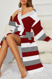 White Graphics Print Long Sleeve Pocket Strap Design Nightgown Lounge Sleepwear
