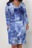 Green Flowers Faux Denim Print Deep V Neck Long Sleeve Women's Casual Outing Straight Loose Fit Tunic Plus Size Midi Dress with Pocket