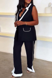 Black with White Patchwork Turndown Collar Sleeveless Blazer Vest and Wide Leg Pants Formal Office Two Pieces Suit Set