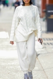 White O Neck Long Sleeve Casual Fall Oversize Knitted Sweater