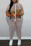 Brown Figure Print Hooded Long Sleeve Sweatshirt and Drawstring Sweatpants Two Pieces Sweatsuit Sets
