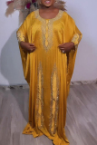 Yellow African Print Sequined O Neck Bat-wing Sleeve Floor Length Loose Long Kaftan Satin Maxi Dress