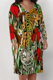 Yellowish Brown Animal Print Deep V Neck Long Sleeve Women's Casual Outing Straight Loose Fit Tunic Plus Size Midi Dress with Pocket