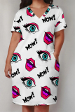 White Stripe Flowers Landscape Print V Neck Short Sleeve Long Casual Outing Straight Loose Plus Size Midi Dress with Pocket