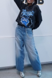 Blue High Waist Casual Outing Distressed Straight Leg Denim Jeans