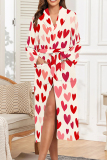 White Graphics Print Long Sleeve Pocket Strap Design Nightgown Lounge Sleepwear