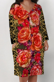 Green Flowers Faux Denim Print Deep V Neck Long Sleeve Women's Casual Outing Straight Loose Fit Tunic Plus Size Midi Dress with Pocket