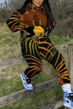 Brown Figure Print Hooded Long Sleeve Sweatshirt and Drawstring Sweatpants Two Pieces Sweatsuit Sets