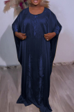 Yellow African Print Sequined O Neck Bat-wing Sleeve Floor Length Loose Long Kaftan Satin Maxi Dress
