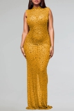 Black Hot Drilling Half A Turtleneck Sleeveless Back Slit Bodycon Cocktail Party Sparkling Sheer Maxi Dress