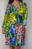 Yellowish Brown Animal Print Deep V Neck Long Sleeve Women's Casual Outing Straight Loose Fit Tunic Plus Size Midi Dress with Pocket