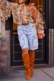 Blue High Waist Pocket Straight Casual Distressed Cropped Denim Cargo Shorts