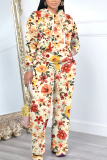 Khaki Floral Print Hooded Long Sleeve Sweatshirt and Drawstring Sweatpants Two Pieces Sweatsuit Sets