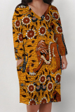 Yellowish Brown Animal Print Deep V Neck Long Sleeve Women's Casual Outing Straight Loose Fit Tunic Plus Size Midi Dress with Pocket