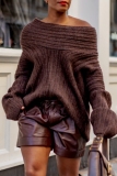 Brown Oblique Collar Off Shoulder Long Sleeve Casual Outing Fall Winter Knitted Sweater