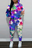 Green Floral Print Hooded Long Sleeve Sweatshirt and Drawstring Sweatpants Two Pieces Sweatsuit Sets