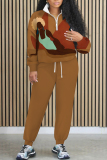 Brown Casual Girl Print Zipper Collar Long Sleeve Sweatshirt and Drawstring Sweatpants Two Pieces Sweatsuit Sets