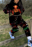 Brown Figure Print Hooded Long Sleeve Sweatshirt and Drawstring Sweatpants Two Pieces Sweatsuit Sets
