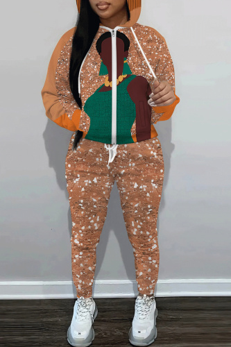 Brown Figure Print Hooded Long Sleeve Sweatshirt and Drawstring Sweatpants Two Pieces Sweatsuit Sets