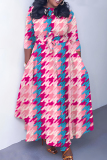 Blue Casual Graphics Print O Neck 3/4 Sleeve Belted Pockets Long Vacation Pleated Maxi Dresses