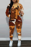 Dark Khaki Figure Print Hooded Long Sleeve Sweatshirt and Drawstring Sweatpants Two Pieces Sweatsuit Sets