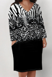 Green Flowers Faux Denim Print Deep V Neck Long Sleeve Women's Casual Outing Straight Loose Fit Tunic Plus Size Midi Dress with Pocket