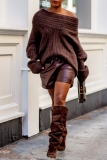 Brown Oblique Collar Off Shoulder Long Sleeve Casual Outing Fall Winter Knitted Sweater