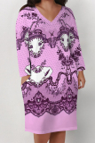 Green Flowers Faux Denim Print Deep V Neck Long Sleeve Women's Casual Outing Straight Loose Fit Tunic Plus Size Midi Dress with Pocket