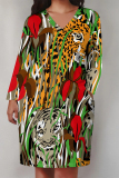 Yellowish Brown Animal Print Deep V Neck Long Sleeve Women's Casual Outing Straight Loose Fit Tunic Plus Size Midi Dress with Pocket