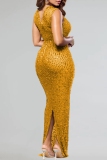 Black Hot Drilling Half A Turtleneck Sleeveless Back Slit Bodycon Cocktail Party Sparkling Sheer Maxi Dress
