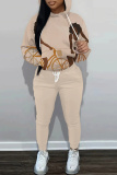 Dark Khaki Figure Print Hooded Long Sleeve Sweatshirt and Drawstring Sweatpants Two Pieces Sweatsuit Sets