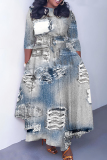 Blue Casual Faux Denim Print O Neck 3/4 Sleeve Belted Pockets Long Vacation Pleated Maxi Dresses